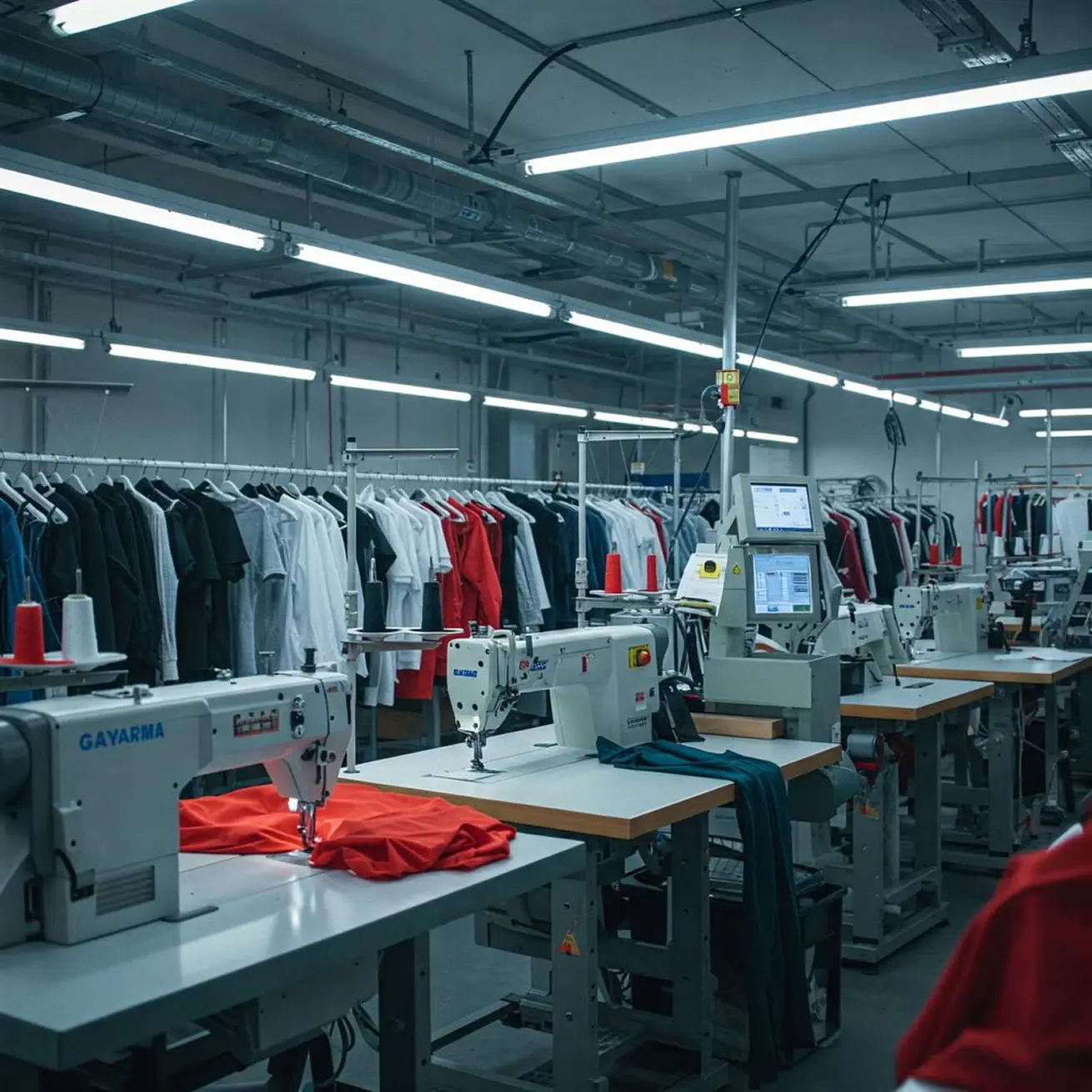 Manufacturing floor producing solid-color garments